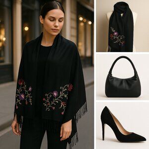 🌸 Elegant Black Embroidered Shawl / Wrap with Fringe